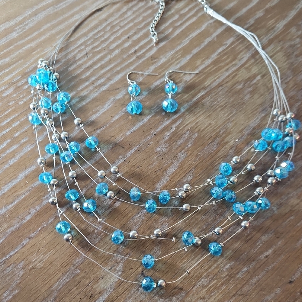 Layered Blue Beaded Necklace and Earring Set